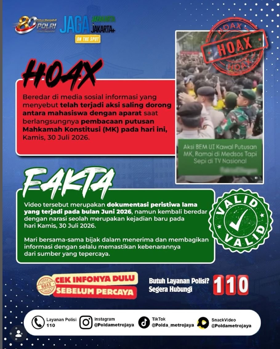 Polda Metro Jaya Klarifikasi Hoaks Video yang Dikaitkan dengan Putusan MK pada 30 Juli 2026